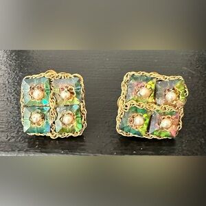 Vintage Miriam Haskell Iridescent Green and Gold Pearl Cluster Clip-On Earrings